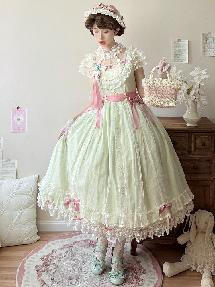 Bow Elegant Lolita Light Green Details Lace with Long and Classic Dress Version