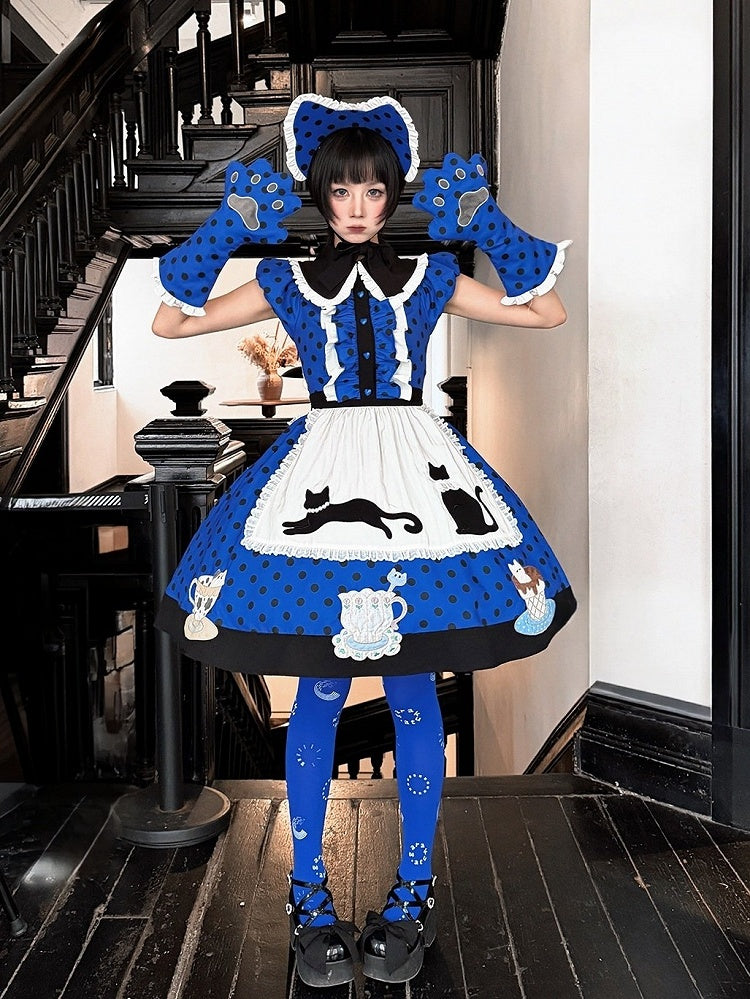 Dark Blue & Black Polka Dot Lolita Dress Set with Cat Theme Design - Rock Candy Box