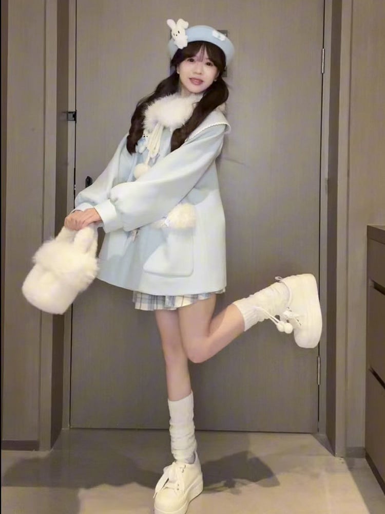 Faux Sweet Lolita Trim and Accents Coat Fur Blue Pom-Pom with Winter