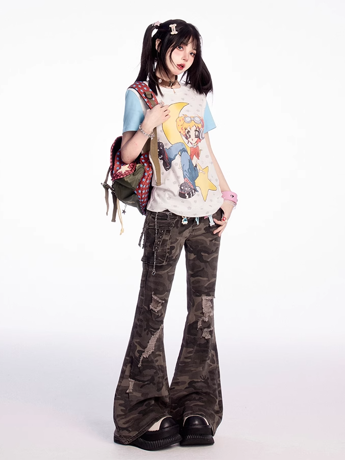 Camouflage Low Flared Cargo Pants Rise Distressed Holes