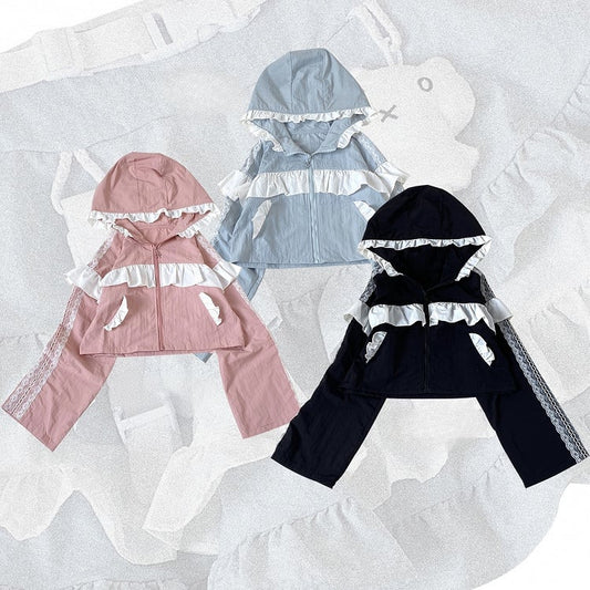 Blue Lace Accents Techwear Landmine Style Cropped Zip Hoodie