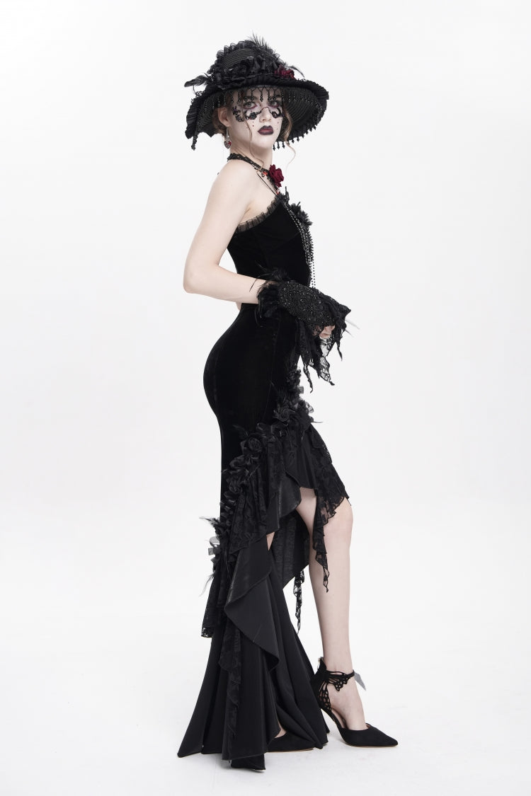 Black Cross Ruffled Floral Embroidered Chain Gothic Slip Dress