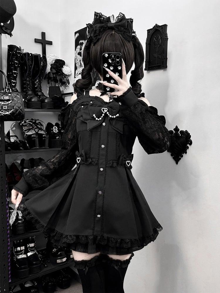 Dress Set Choker Jirai Cutout Bow Bowtie Bead Lace Chain Shorts Shoulder + Long-Sleeve Black Kei
