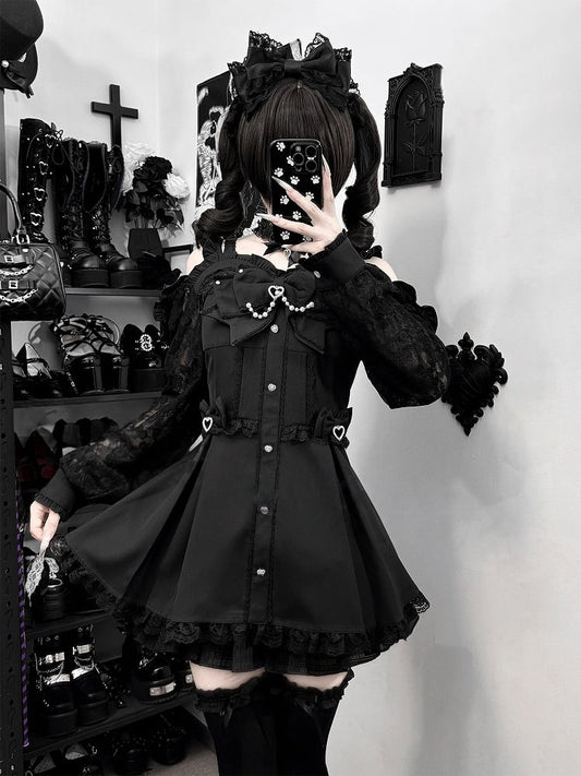Dress Set Choker Jirai Cutout Bow Bowtie Bead Lace Chain Shorts Shoulder + Long-Sleeve Black Kei