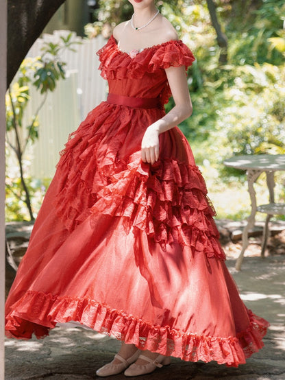 Wine Red/Pink Vintage Lace Ruffle Trim Off-the-shoulder Neckline  Dress