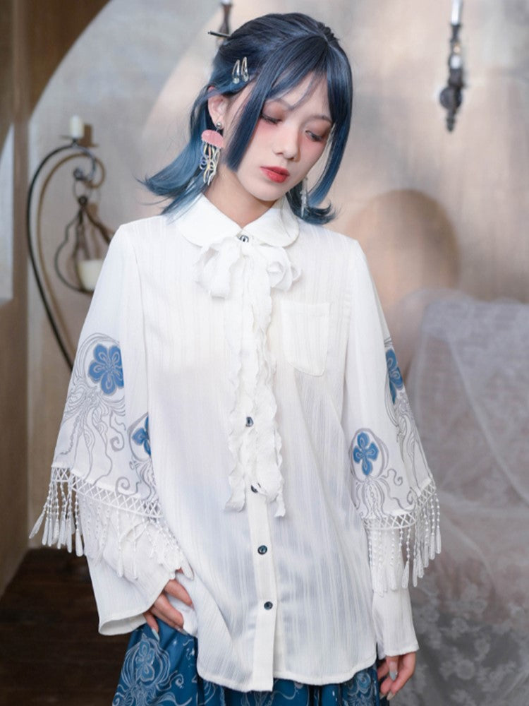White Peter Pan Collar Bell-Sleeve Shirt with Jellyfish Print & Ribbons - Quirky Hut