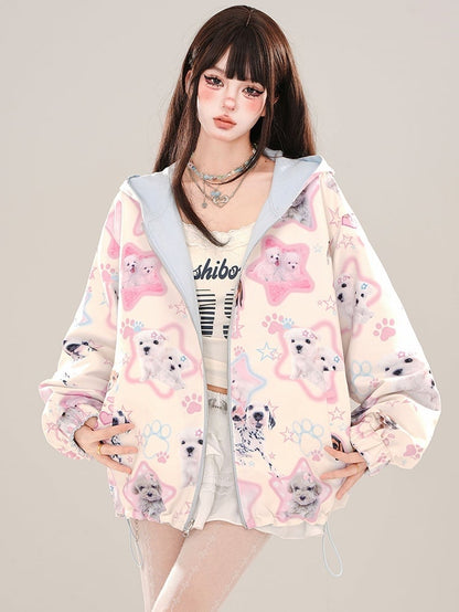 Blue Cute Puppies Pattern Reversible Zip Hoodie