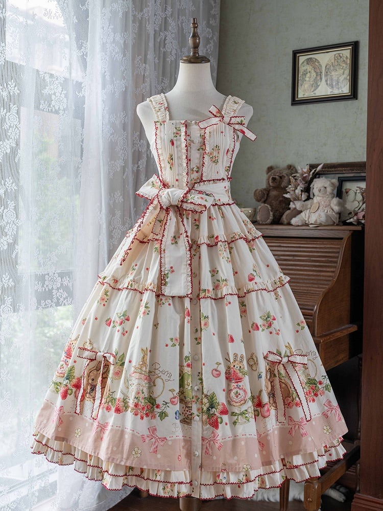 Lolita-Modekleid mit Blumenmuster und rosa Saum, Bunny Print House, Erdbeere und