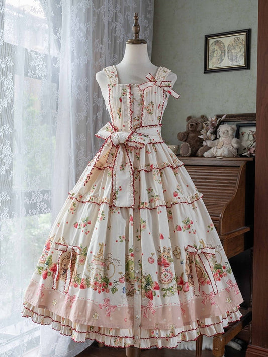 Lolita-Modekleid mit Blumenmuster und rosa Saum, Bunny Print House, Erdbeere und