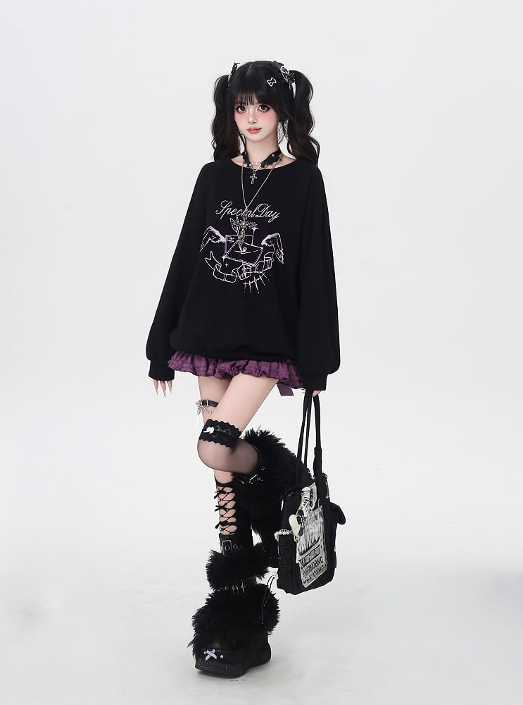 Round Neck Graphic Sweatshirt Self-tie Bowknot at Back Pink/Black