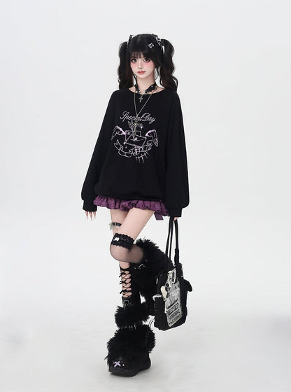 Round Neck Graphic Sweatshirt Self-tie Bowknot at Back Pink/Black