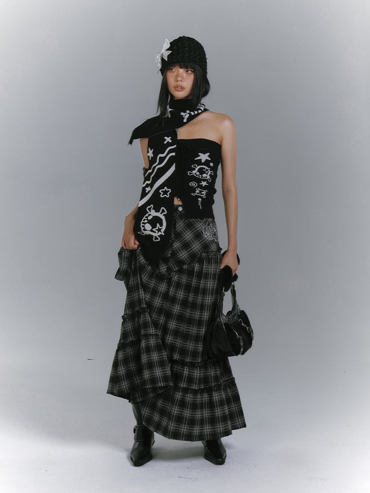 with Star Edgy Matching Punk Print Slit Scarf Skull Top + Black Front Strapless