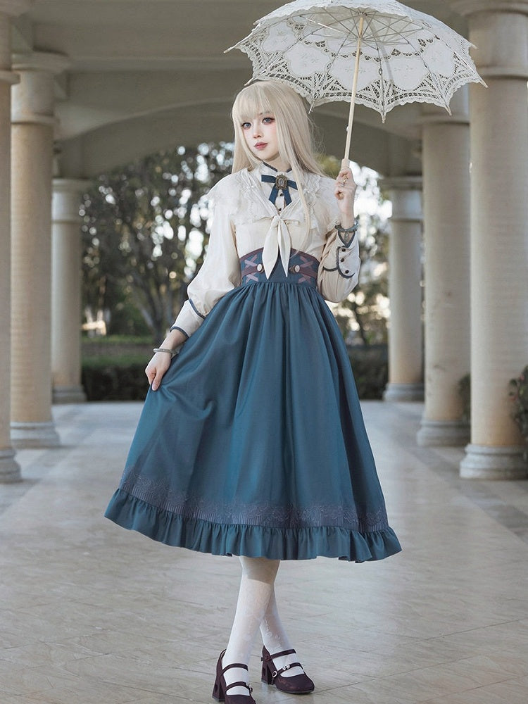 Preppy Beige & Blue Bow Lolita Blouse + High-Waist Skirt + Cape Ensemble - Xiong Dou Jiang