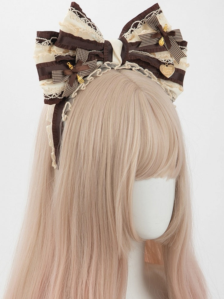 Plaid KC Brown Big Bowknot Sweet White Lace Lolita