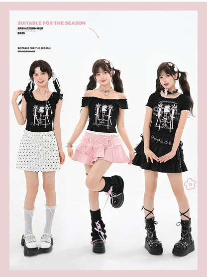 ブラック スクエアネック キャンドルスティックプリント ドローストリングヘム レーストリム Tシャツ