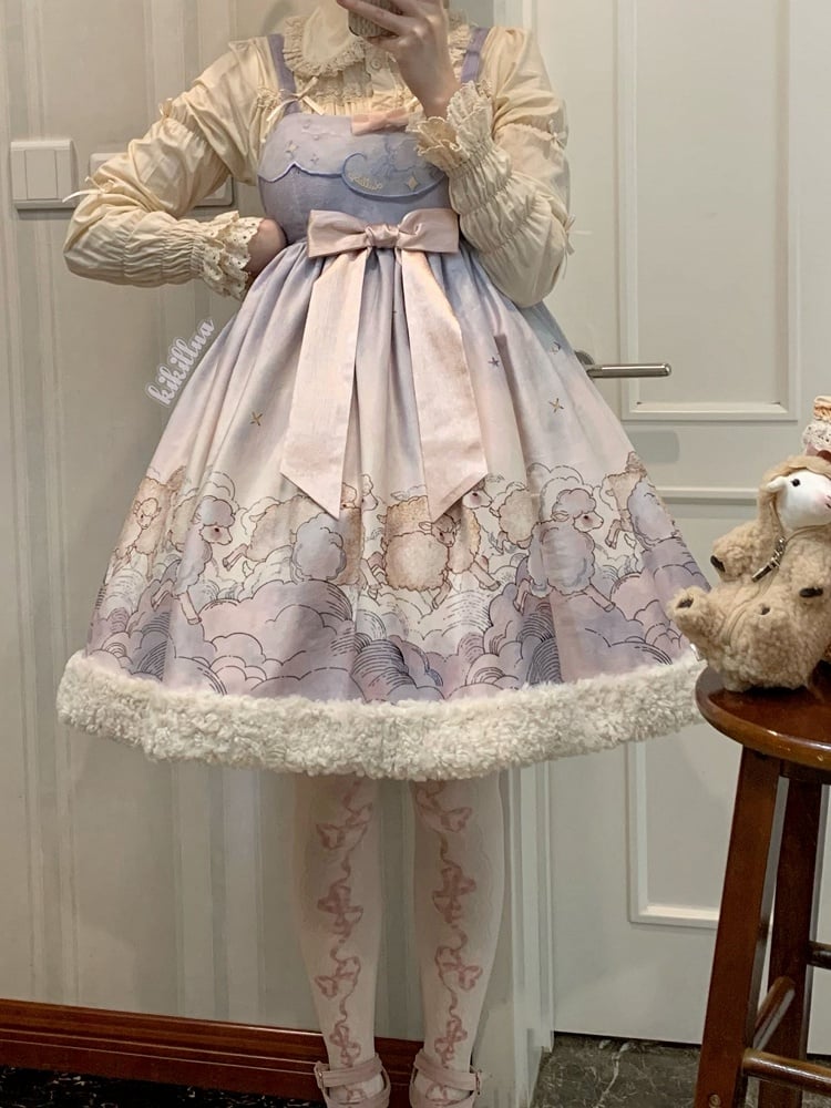 Purple and Print Cloud Dress Plush Sweet JSK with Sheep Lolita Hem