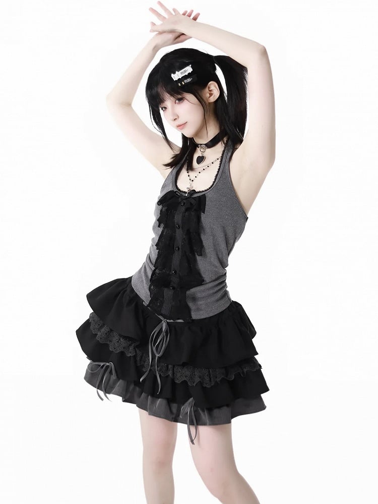 Schwarz-grauer glamouröser Stufenrock mit Schnürdetail