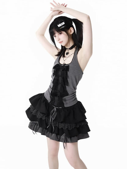 Schwarz-grauer glamouröser Stufenrock mit Schnürdetail