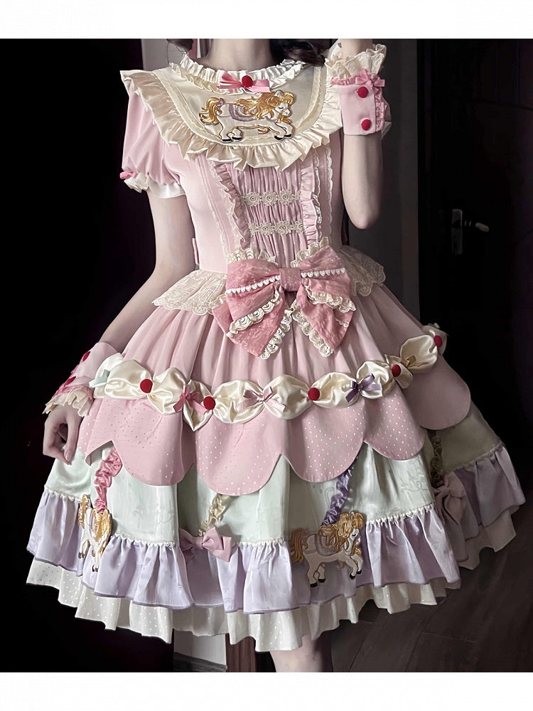 Cute Round Neck Bow Ruffle Dress with 3D Horse Embroidery in Pink & Purple - Sweet Dream Box