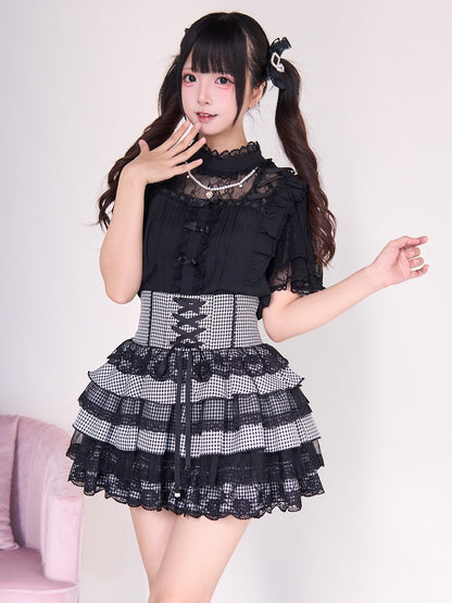 Lace Tiered Kei Style Plaid Skirt: Jirai Black Trim