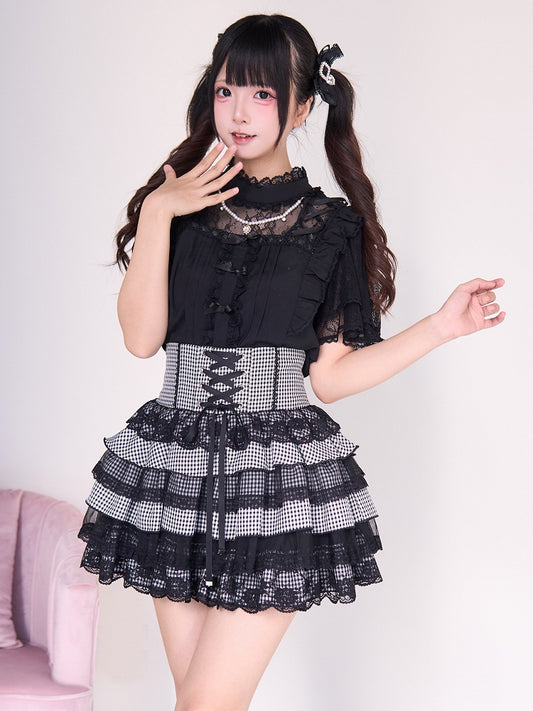 Lace Tiered Kei Style Plaid Skirt: Jirai Black Trim