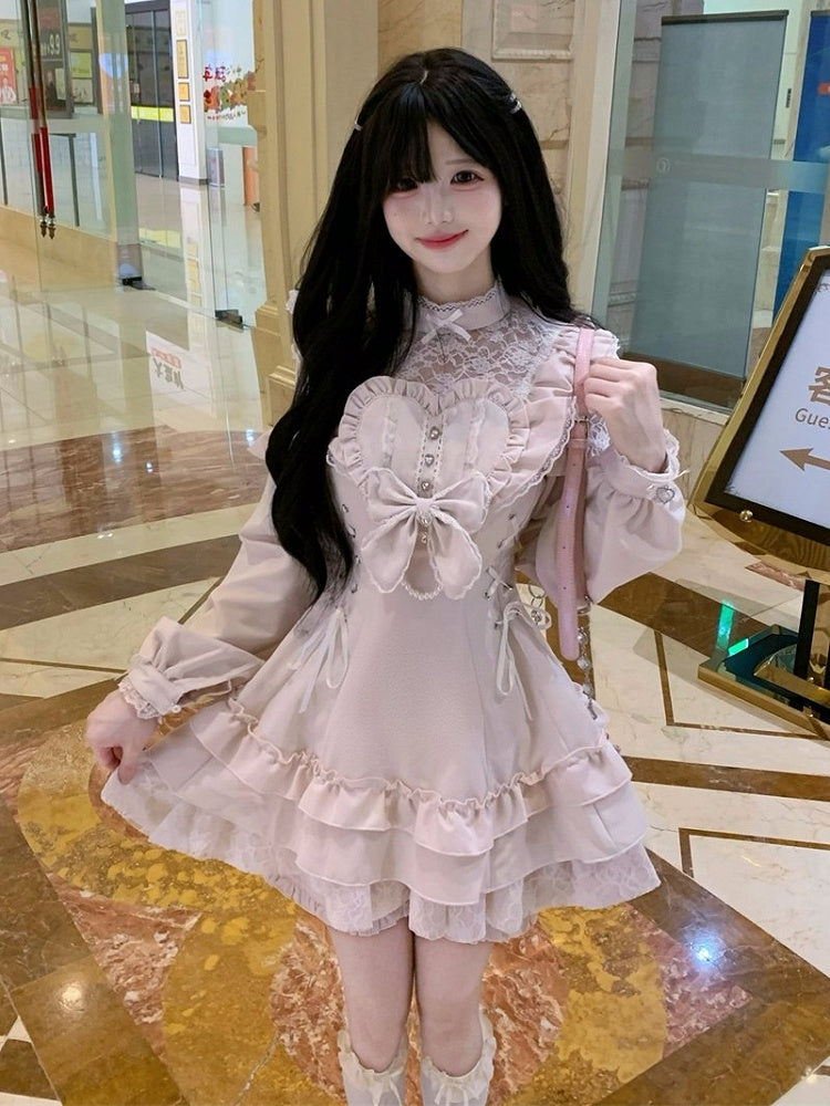 Pink Ryousangata Lace Patch Long Sleeve Dress Shorts Bow Set - Jiuniang Cherry