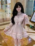 Pink Ryousangata Lace Patch Long Sleeve Dress Shorts Bow Set - Jiuniang Cherry