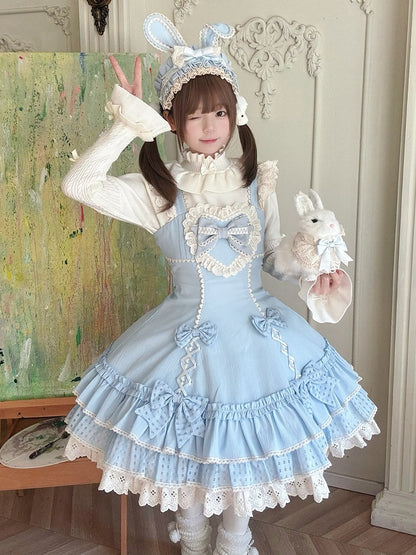 Ruffled Lace-Trimmed Lolita JSK Dress with Blue Bow Detail - Yinying Lolita