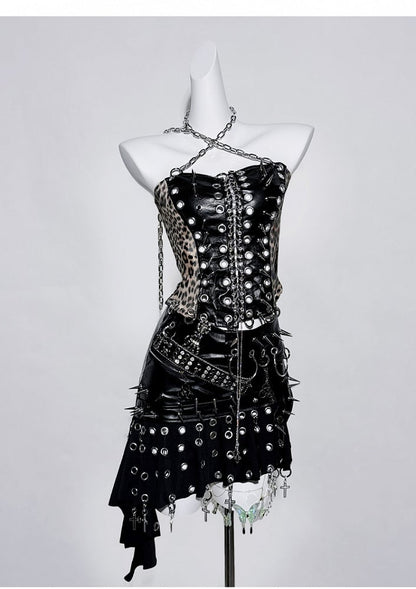 Black Halter Neck Leopard Pattern Stud Ring Corset Top