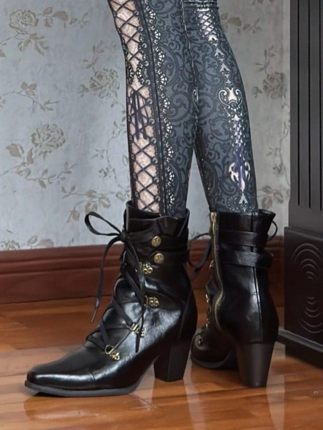 Fastening Black Boots Toe Zip in Lace Steampunk with Hybrid Mid-heel Pointed Design PU