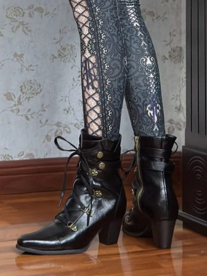 Fastening Black Boots Toe Zip in Lace Steampunk with Hybrid Mid-heel Pointed Design PU