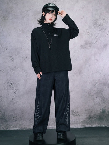 Black Straight-Leg Denim with Embossed Skeleton Whale Graphic - Quirky Hut