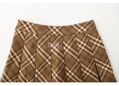 Brown High Waist Plaid Box Pleat Skirt