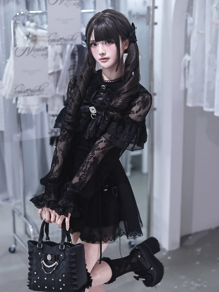 Jirai Kei Black Lace Long-Sleeve Dress with Shorts & Bow Tie Three-Piece Set - Ekomi