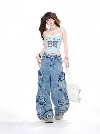 Light Blue/Dark Blue Number Print Lace Trim Glamorous Cropped Cami Top