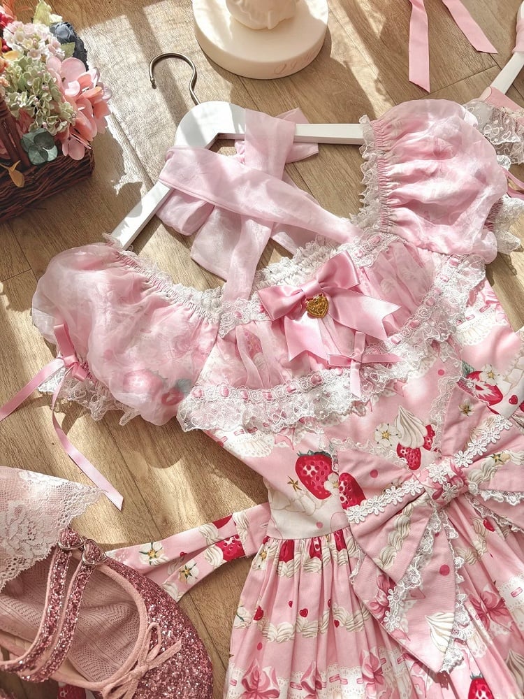Rosa Printkleid Lolita Cake Kurze Ärmel Süße Erdbeere