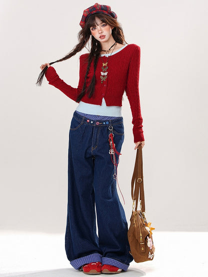 Rot/Schwarz/Grau Fake Zweiteiler Slim Fit Stricktop