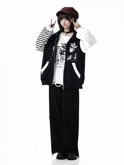 Pants Black Star Design Straight-Leg Stripe Applique with Drawstring