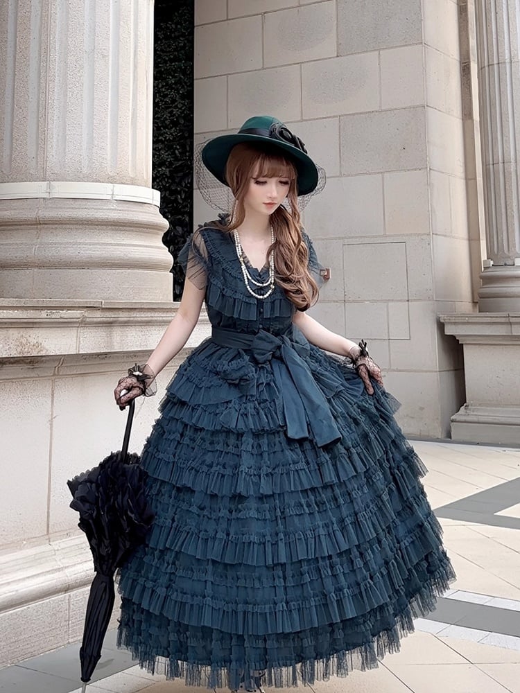 Cotton Tulle Skirt Waist Classic - Vest Green Dotted Elegant Lolita Multi-layered Set Dark Belt + Mesh