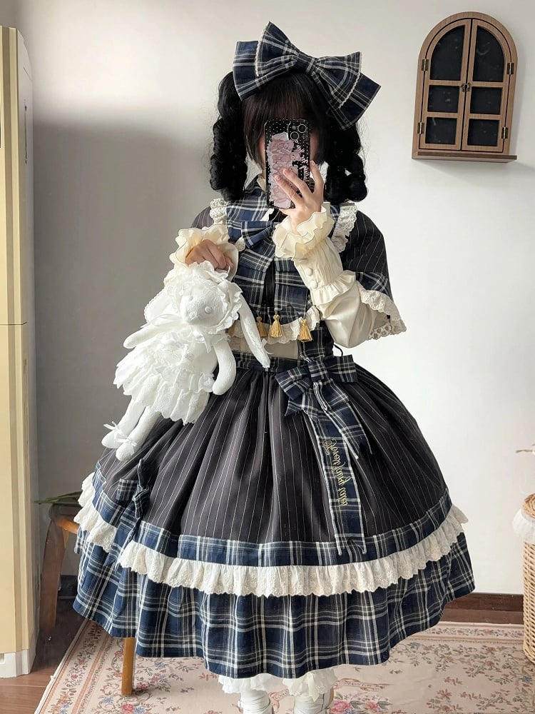 Blue Plaid and Black Striped Pattern Lolita JSK + Cape
