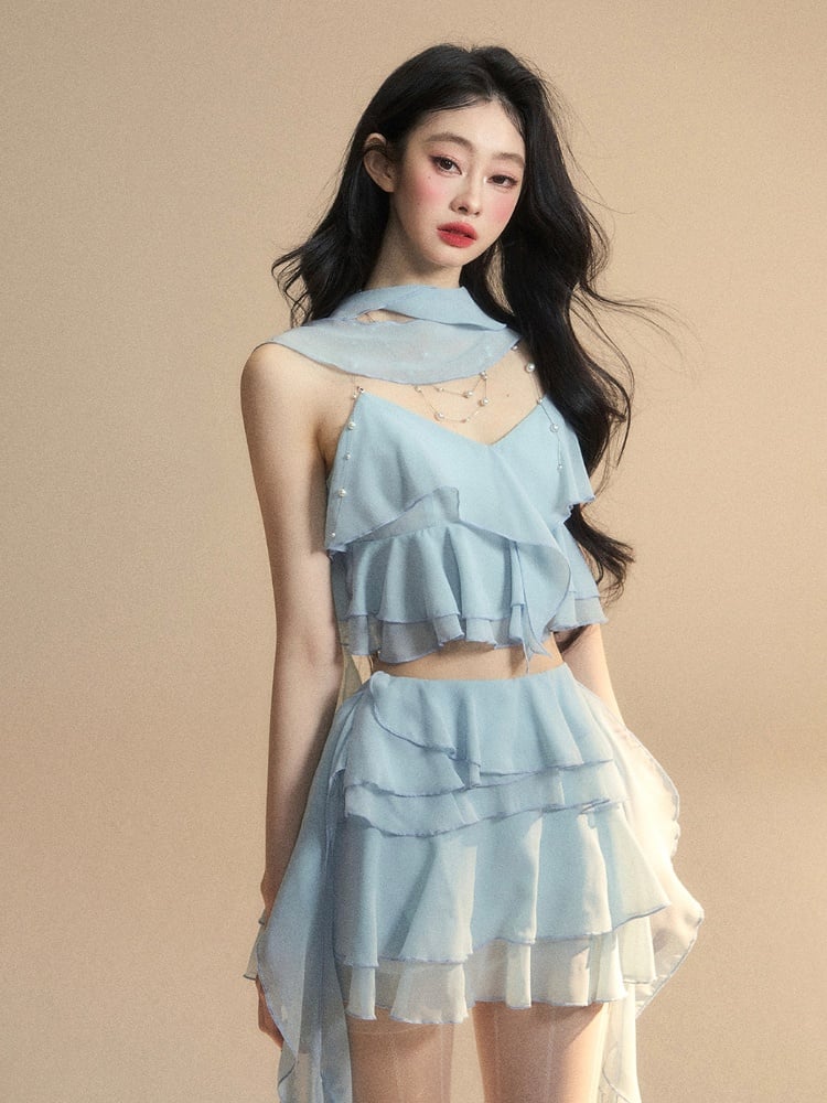 Tiered Ruffles Cropped Cami Top Scarf Free Blue Chiffon V-Neck with