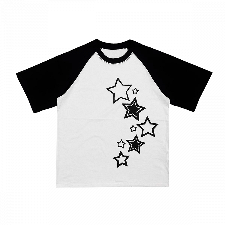 T-Shirt Black  White Colorblock Design Star Print Cotton