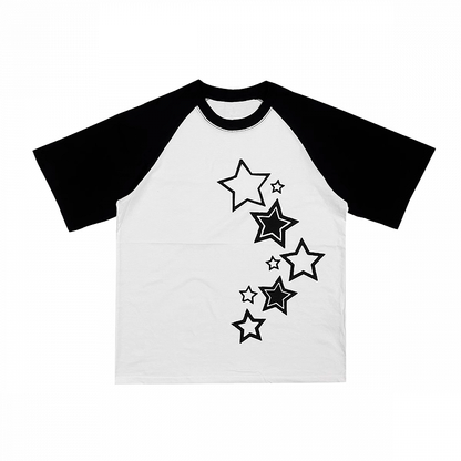 T-Shirt Black  White Colorblock Design Star Print Cotton