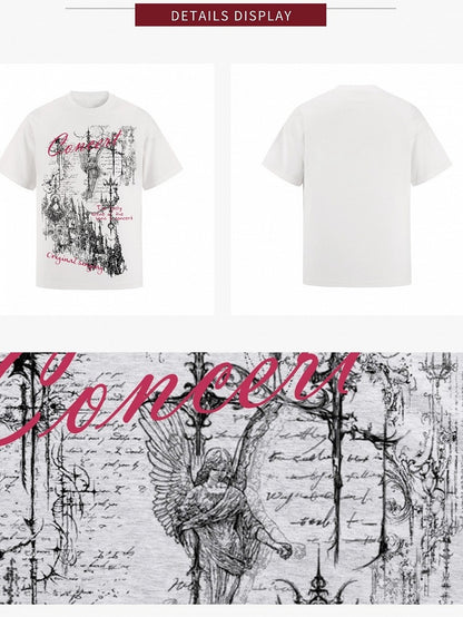 Gothic Print White Tee with Crew Neck and Short Sleeves - KNOW8 Online Shop