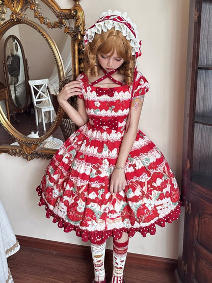 Süßes Lolita-Kleid mit hoher Taille und roten Erdbeeren