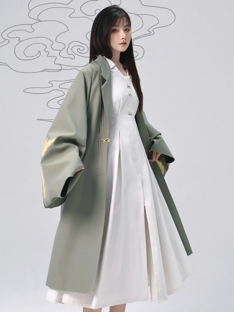 Han-inspired with Green Unisex Coat Pleating Details