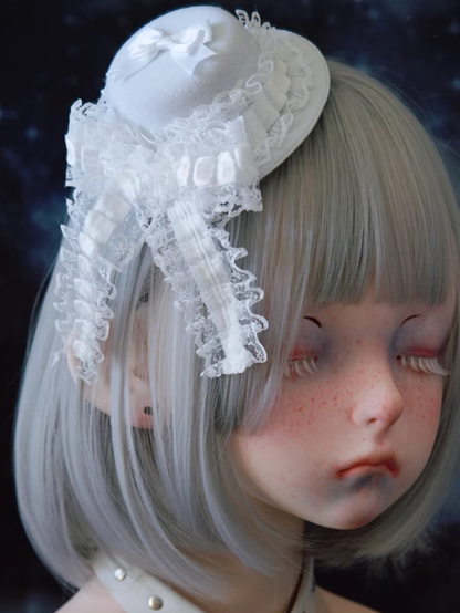 White Gothic Handmade Lace Bow Mini Hat Hairclip