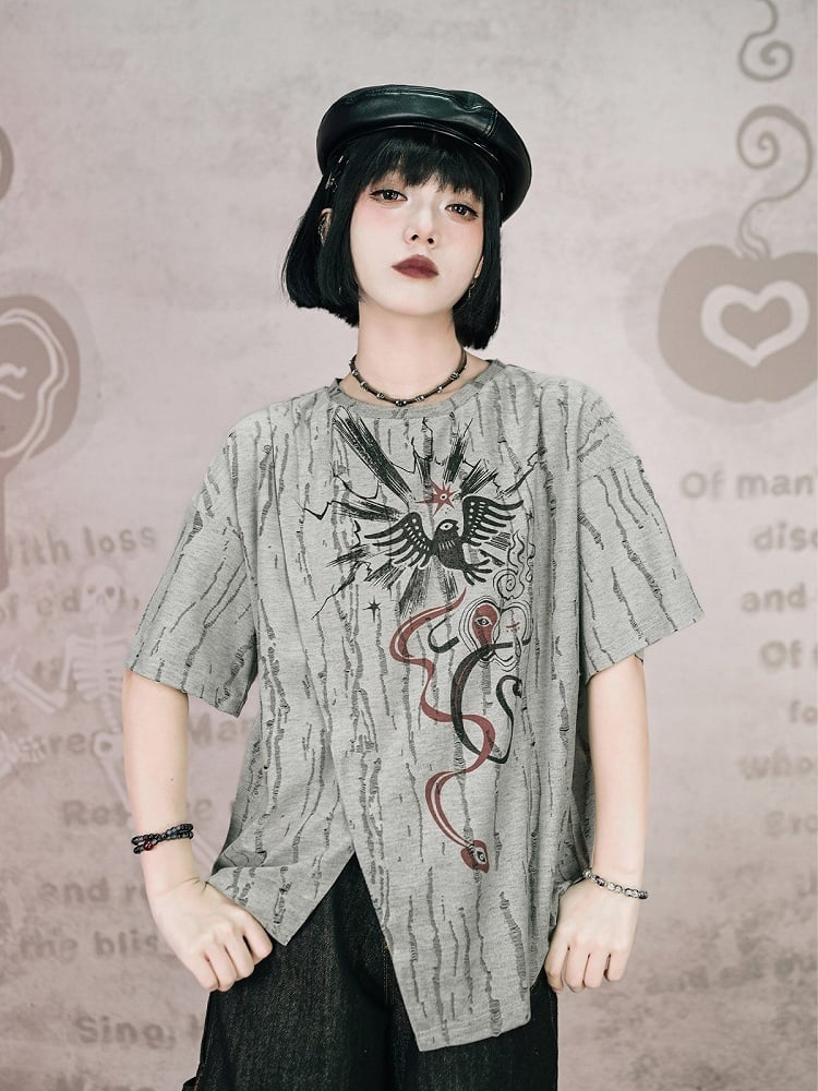 Gray Asymmetrical Short Sleeve T-Shirt with Print & Distress - Quirky Hut