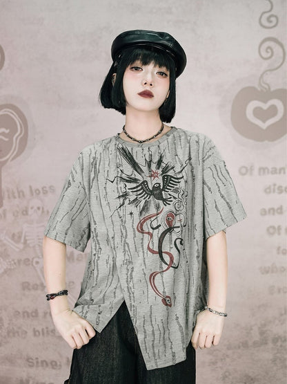 Gray Asymmetrical Short Sleeve T-Shirt with Print & Distress - Quirky Hut