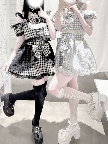 Plaid Idol Design Neckline Bowknot+ Set- Off-the-shoulder Choker High Waist Top Jirai Kei Gray + Bunny Skirt+ Ears